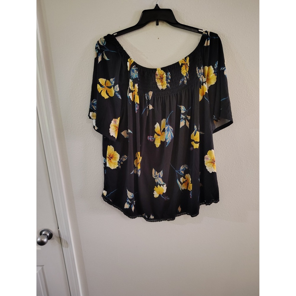 Lone Lux Womens 3X Off The Shoulder Floral Smocked Blouse Black Yellow Hibiscus